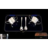 Edwardian Period - Nice Quality Boxed Set of Silver Twin Handle Salts and Spoons of Pleasing Form.