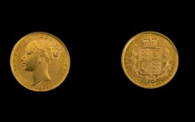 Queen Victoria 22ct Gold Young Head - Shield Back Full Sovereign - Date 1885, Sydney Mint.