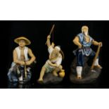 Three Modern Glazed Chinese Figures Each in the form of labourers to include fisherman carpenter