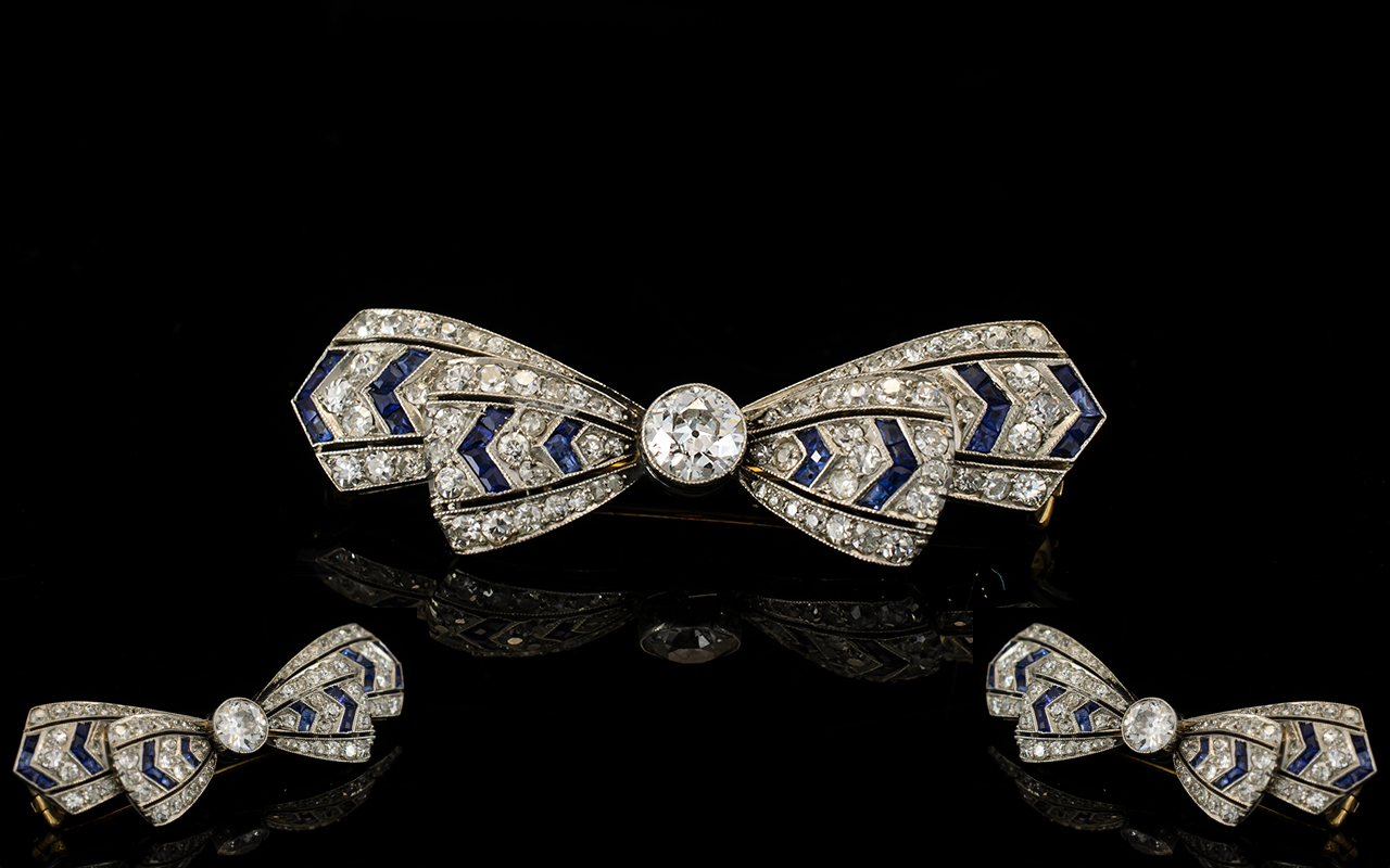 Art Deco Period - Superb 18ct White Gold Diamond And Sapphire Set Brooch, - Image 3 of 3