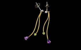 Pair Of 9ct Gold Diamond And Gemset Earrings Organic form two strand drop earrings set to bottom