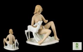 Wallendorf Porcelain Figurine Young Naked Female with Fawn. Wallendorf stamp to base.