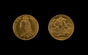 Queen Victoria 22ct Gold - Jubilee Head Two Pound Coin. Date 1887 - London Mint.