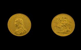 Queen Victoria 22ct Gold Full Sovereign - Date 1887. London Mint, E.F - Uncirculated Condition.