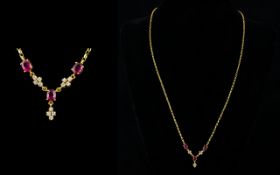 18ct Gold Ruby And Diamond Set Pendant Necklace Long fine link gold belcher chain necklace with