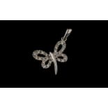 9ct White Gold Diamond Set Butterfly Pendant Stamped 375, set with round cut diamonds,