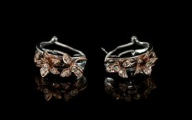 Pair Of 9ct Gold Diamond Earrings, The Fronts With Applied Pink Gold Diamond Set Flower Heads,