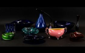 A Collection of Glassware to include Davidson blue heavy glass set of three decorative bowls;