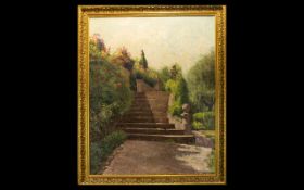 Original Oil On Canvas Unsigned Impasto Oil, Depicting An Italianate Garden Housed In Swept Gilt