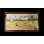Late 20th Century Oil On Board Depicting a corn field with agricultural buildings to background,