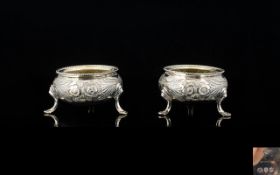 Victorian Period Pair of Solid Silver Salts Decorated In Embossed Images of Leaves and Flowers,