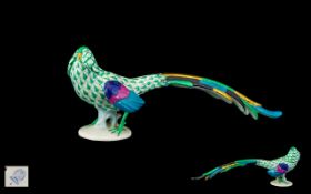 Herend - Superb Hand Painted Porcelain Figurine of a Green Fishnet Pheasant. Model 5025.