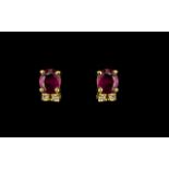 18ct Gold Attractive Rubies & Diamonds Set Pair of Stud Earrings marked for 18ct.
