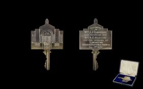 Silver Presentation Ornamental Key Inscribed 'The Opening of Ilminster Congregational Church