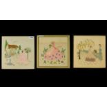Three Framed Embroidered Panels Polychrome embroidered panels on linen,