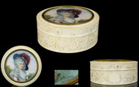 A Superb 19th Century French Carved Ivory Powder Box With Portrait Miniature To Lid Signed Claveau