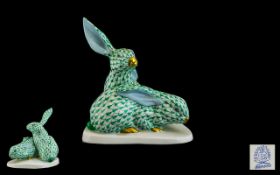 Herend - Hand Painted Large Porcelain Figure of a Pair of Green Fishnet Long Ear Rabbits.