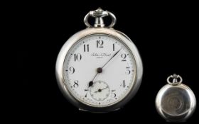 Omega - Swiss Made Open Faced Silver Keyless Pocket Watch. c.1900. Marked 0.