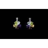 Amethyst, Sky Blue Topaz, Red Garnet, Citrine and Peridot Flower Drop Earrings,