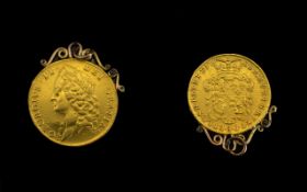 George II 22ct Gold Two Guinea's - Date 1739, Mounted - Which can Be Removed Quite Easily.