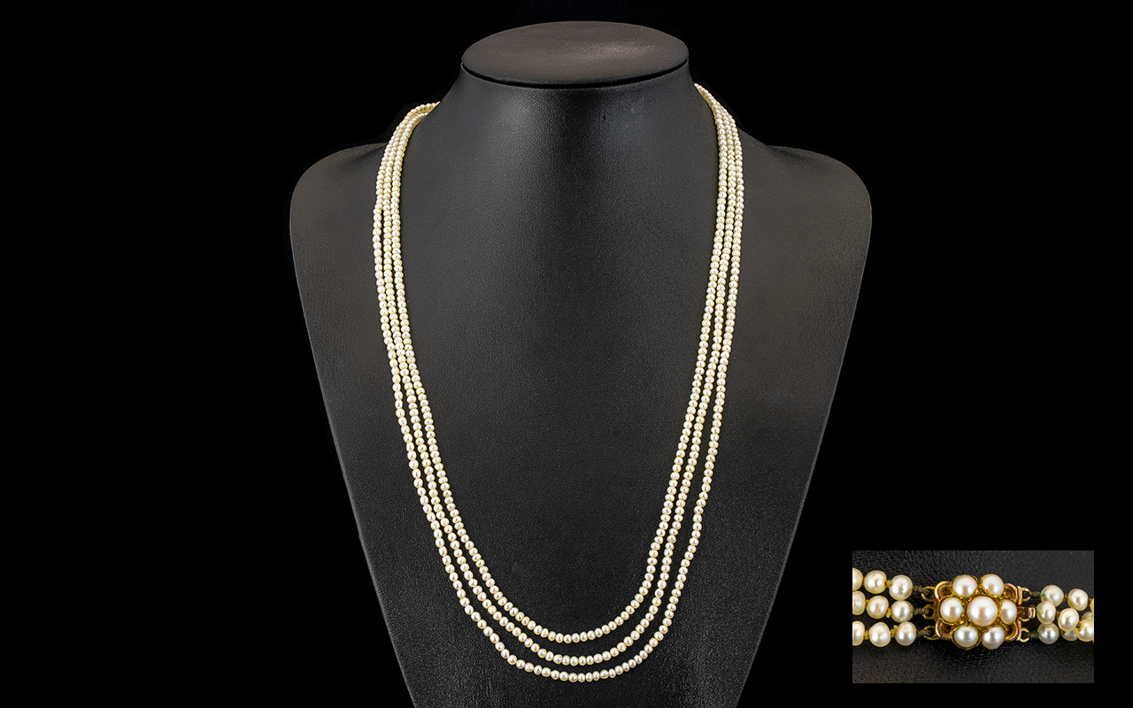 Antique Period - Belle Epoque Stunning Triple Strand Well Matched Pearl Necklace with 9ct Gold