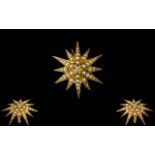 Antique - 18ct Gold Starburst Diamond and Pearl Brooch of Pleasing Form. The Central Diamonds of