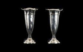 1920's Pair of Solid Silver Vases - of tapered form with frilled edge top border and shaped stepped