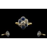 Art Deco Period Stunning 18ct Gold and Platinum Sapphire and Diamond Dress Ring - the sapphire and