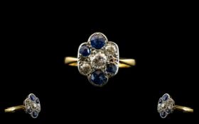 Art Deco Period Stunning 18ct Gold and Platinum Sapphire and Diamond Dress Ring - the sapphire and