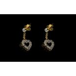 Pair Of 9ct Gold Diamond Earrings Small open heart shaped drops, fully hallmarked,