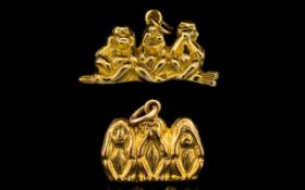 Vintage 9ct Gold Charms (2) of the 3 Wise Monkeys, 'See No Evil, Speak No Evil and Hear No Evil'.