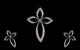 9ct White Gold Stylised Pendant Cross, Set With Round Modern Brilliant Cut Diamonds,
