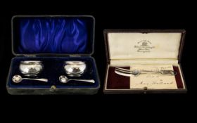 A Boxed Set Of Silver Salts Of plain form each with accompanying spoons, housed in fitted box,