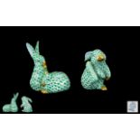 Herend - Superb Pair of Hand Painted Porcelain Green Fishnet Rabbit Figures,
