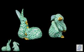 Herend - Superb Pair of Hand Painted Porcelain Green Fishnet Rabbit Figures,