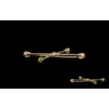9ct Yellow Gold And Diamond And Emerald Bar Brooch Stamped 9ct,