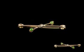 9ct Yellow Gold And Diamond And Emerald Bar Brooch Stamped 9ct,