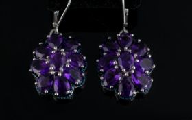 Amethyst Cluster Drop Earrings, 11.5cts, each earring having an oval cut rich deep purple amethyst