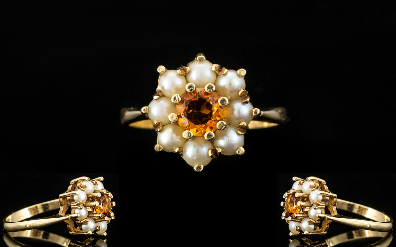 Ladies 9ct Gold - Attractive Fire Opal and Pearl Cluster Ring, Flower head Setting, - Image 2 of 3