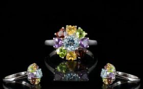 Peridot, Amethyst, Garnet, Citrine and Sky Blue Topaz Ring, the round cut topaz of 1ct,