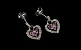 Pair Of 9ct White Gold Diamond And Gemset Earrings Small heart shaped drops above diamond set bale,