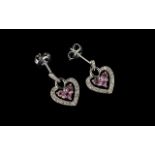 Pair Of 9ct White Gold Diamond And Gemset Earrings Small heart shaped drops above diamond set bale,