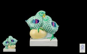 Herend - Superb Hand Painted Porcelain - Green Fishnet Pair of Chicks on Golden Egg.