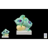 Herend - Superb Hand Painted Porcelain - Green Fishnet Pair of Chicks on Golden Egg.