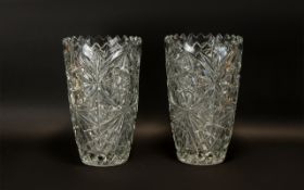 Two Attractive Heavy Tall Glass Vases matching pair 12" tall, etched floral design,