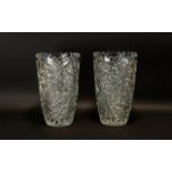 Two Attractive Heavy Tall Glass Vases matching pair 12" tall, etched floral design,