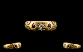 Victorian Period Attractive 18ct Gold Diamond and Ruby Dress Ring - the central diamond flanked by