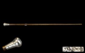 Antique Walking Cane With Silver Top Hallmarks rubbed, length 29 inches.