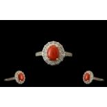 Natural Coral and White Topaz Halo Ring,