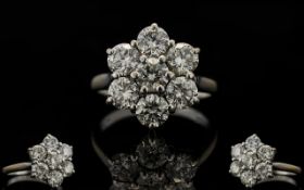 18ct White Gold Superb Quality Diamond Set Cluster Ring - flower head design. Set with seven